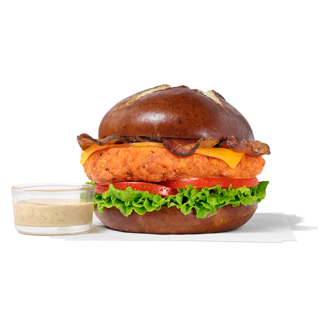 Pretzel Cheddar Club Sandwich w/ Spicy Filet